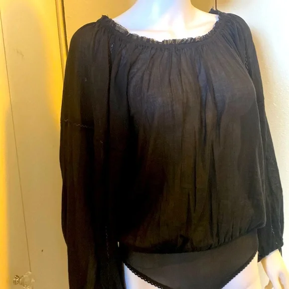 Free People Intimates Bodysuit Black Off Shoulder Long Puff Sleeve Shirt XS NWT - Picture 3 of 14